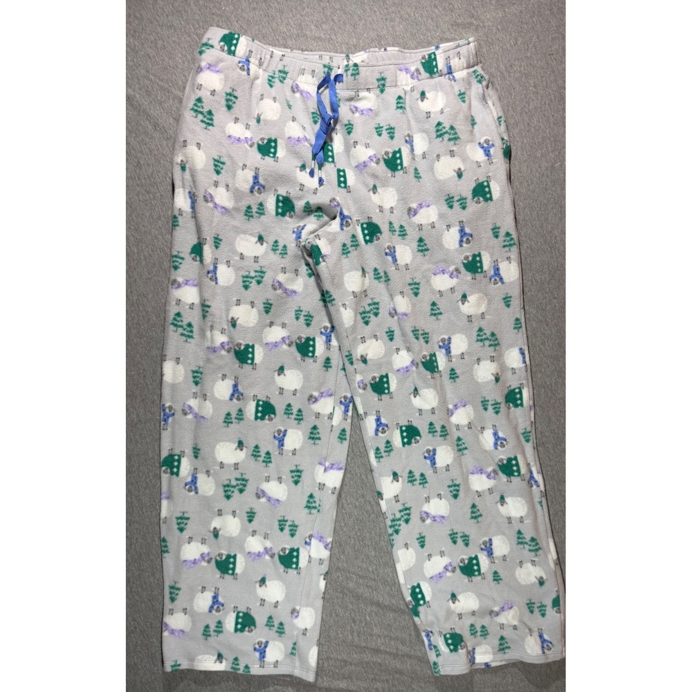 Cuddl Duds Fleece Pajama Pants Large Gray Sheep Tree Print Drawstring Lounge